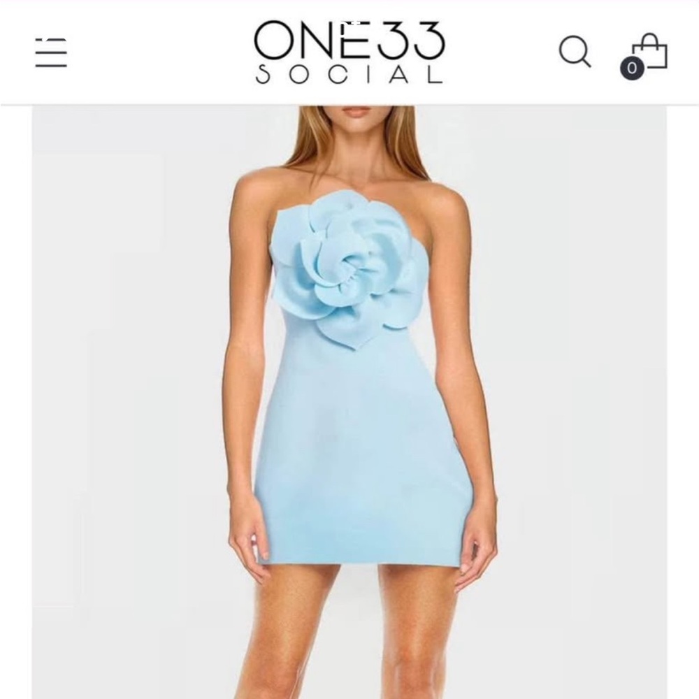 One 33 Social The Cecile Light Blue Strapless Flower Mini Dress